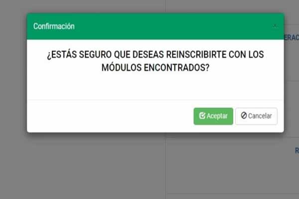 mensaje de reinscribirse con los modulos encontrados